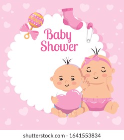 baby shower card with little girls and decoration vector illustration design