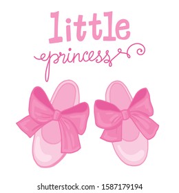 Baby shower card. Little baby pink shoes with bows. Lettering Little Princess.