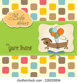 baby shower card with long dog and balloons