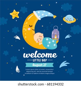 Baby Shower card. Magic kids illustration with moon and baby boy. Beautiful poster for baby room or bedroom. Childish greeting card. Hand drawn letters.