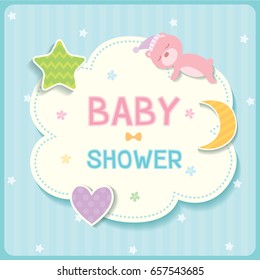 Baby Shower Card For New Born Design With Cloud, Star,moon,heart And Sleeping Bear On Pastel Blue Background Color.