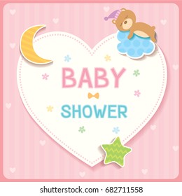 Baby Shower Card For New Born Design With Cloud, Star,moon,heart And Sleeping Bear.