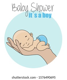  Baby shower card. Newborn boy in mama's hand