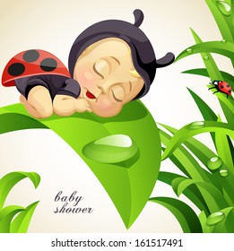 Baby shower card with newborn child dressed as ladybug