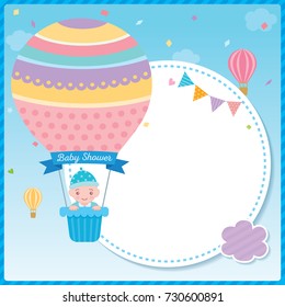 Baby Shower Card For Newborn Design With Baby Boy On Cute Hot Air Balloon On Blue Sky Background.