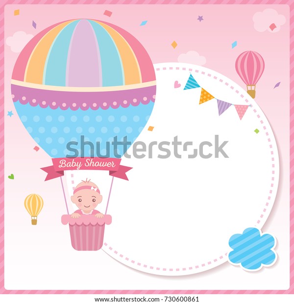 ピンクの空の背景にかわいい熱風船に赤ちゃんと赤ちゃんの女の子と新生児用のベビーシャワーカード のベクター画像素材 ロイヤリティフリー