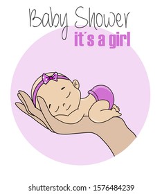 Baby shower card. Newborn girl in mama's hand