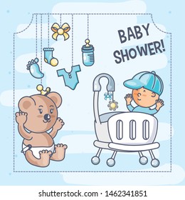 baby shower card with newborn and hanging objects