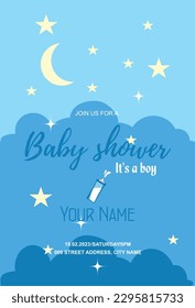 Baby shower card, night sky with stars, inscription and baby bottle.