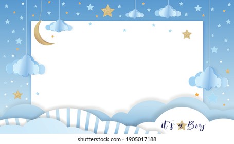 Baby shower card on blue background,Paper art abstract origami cloudscape, crescent moon and stars on blue sky,Cute paper cut with copy space for baby's boy photos