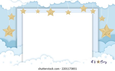 Baby shower card on blue background for boy,Vector illustration Paper art abstract origami cloudscape and stars on blue sky,Cute paper cut with copy space for baby's photos