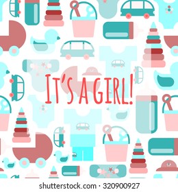 Baby shower card with pattern of baby goods icons. It's a girl! With the new baby! Stock vector.