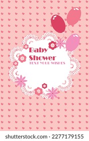 Baby shower card, pink background with hearts, lace in the center with flowers and balloons.