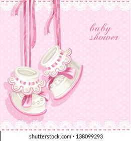 Baby shower card with pink booties and lace