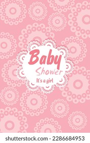 Baby shower card, pink lace in the background, white lace in the center with text.