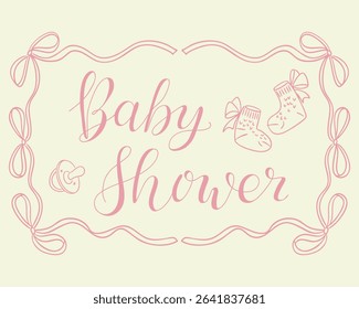 Baby shower card with pink script lettering, socks, pacifier and bows in elegant outline style. Concept symbolizes celebration, tenderness and welcoming a new baby