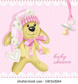 Baby shower card with pink soft toy rabbit and baby's dummy