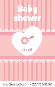Baby shower card, pink striped background, white lace and heart with pink rattle. 