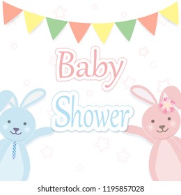 Baby shower card with Rabbit couple. Happy Birthday card paper art style illustration