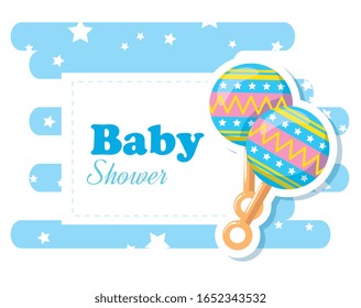baby shower card with rattle toy and decoration vector illustration design