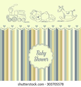 baby shower card with retro toys, vector illustration