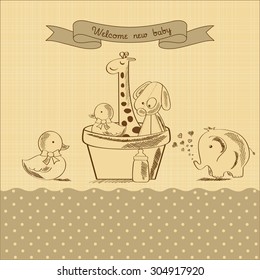 baby shower card with retro toys, vector illustration