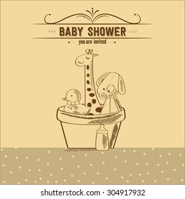 baby shower card with retro toys, vector illustration