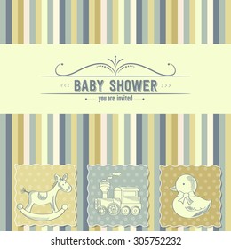 baby shower card with retro toys, vector illustration