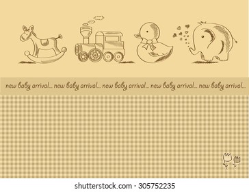 baby shower card with retro toys, vector illustration