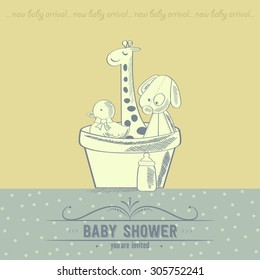 baby shower card with retro toys, vector illustration