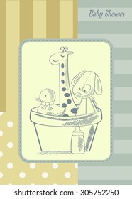 baby shower card with retro toys, vector illustration