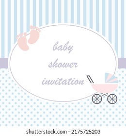 baby shower card with round frame on dots and striped background, place for wishes, clip art of carriage and feets
