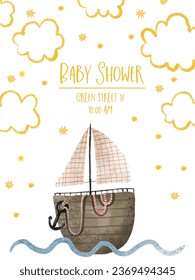 baby shower card with sea tranport, nautical illustration. Ocean design. Water adventure