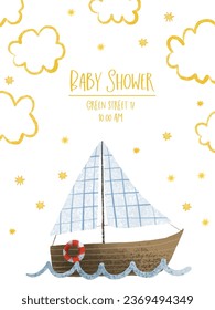 baby shower card with sea tranport, nautical illustration. Ocean design. Water adventure