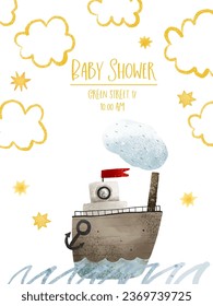 baby shower card with sea tranport, nautical illustration. Ocean design. Water adventure