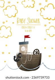 baby shower card with sea tranport, nautical illustration. Ocean design. Water adventure