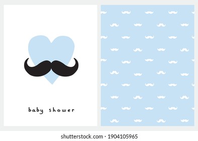 Baby Shower Card. Seamless Vector Pattern With White Moustaches Isolated On A Pastel Blue Background. Nursery Art Ideal For Baby Boy Party Decoration. Cute Blue Heart With Black Moustache.