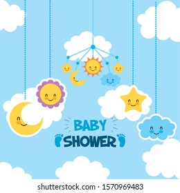 baby shower card with set icons hanging vector illustration design