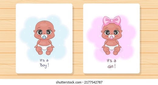 Baby shower card set, invitation card, boy and girl, poster, vector illustration