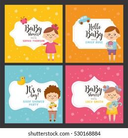 Baby shower card set. Vector invitation with cute kids illustration. Baby arrival and shower collection with lettering. 
