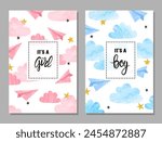 Baby shower card set. Watercolor invitation cards design for baby shower party - girl and boy. Clouds and paper airplanes