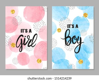 Baby shower card set. Watercolor invitation cards design for baby shower party - girl and boy