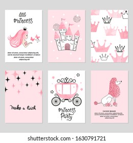 Baby shower card set. Watercolor invitation cards design for baby shower party. Little princess illustration.