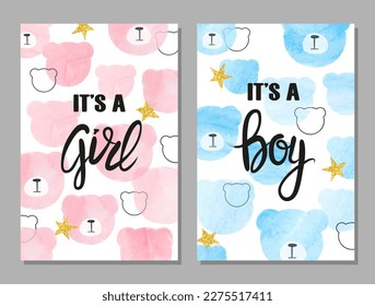 Baby shower card set. Watercolor invitation cards design with bear faces for baby shower party - girl and boy