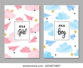 Baby shower card set. Watercolor invitation cards design for baby shower party - girl and boy. Clouds and paper airplanes