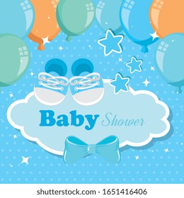 baby shower card with shoes and icons vector illustration design