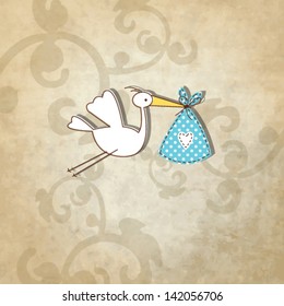 baby shower card - Simple unique design with vintage background and hand drawn illustration stork in the front