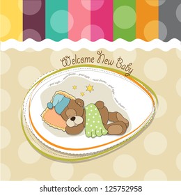 baby shower card with sleeping teddy bear, illustration in vector format