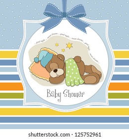 baby shower card with sleeping teddy bear, illustration in vector format