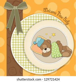 baby shower card with sleeping teddy bear, illustration in vector format